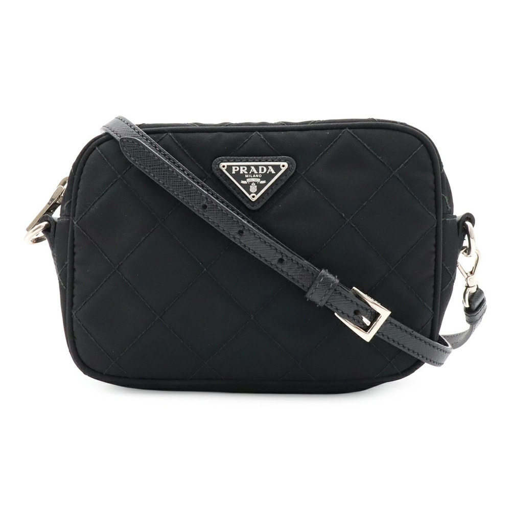 Prada Triangle Shoulder Bag Pochette Clutch Quilted Leather NERO Black